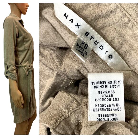Max Studio Soft Ultra Suede Shirt Dress Tie Belt | Khaki Tan | XS - Picture 3 of 10
